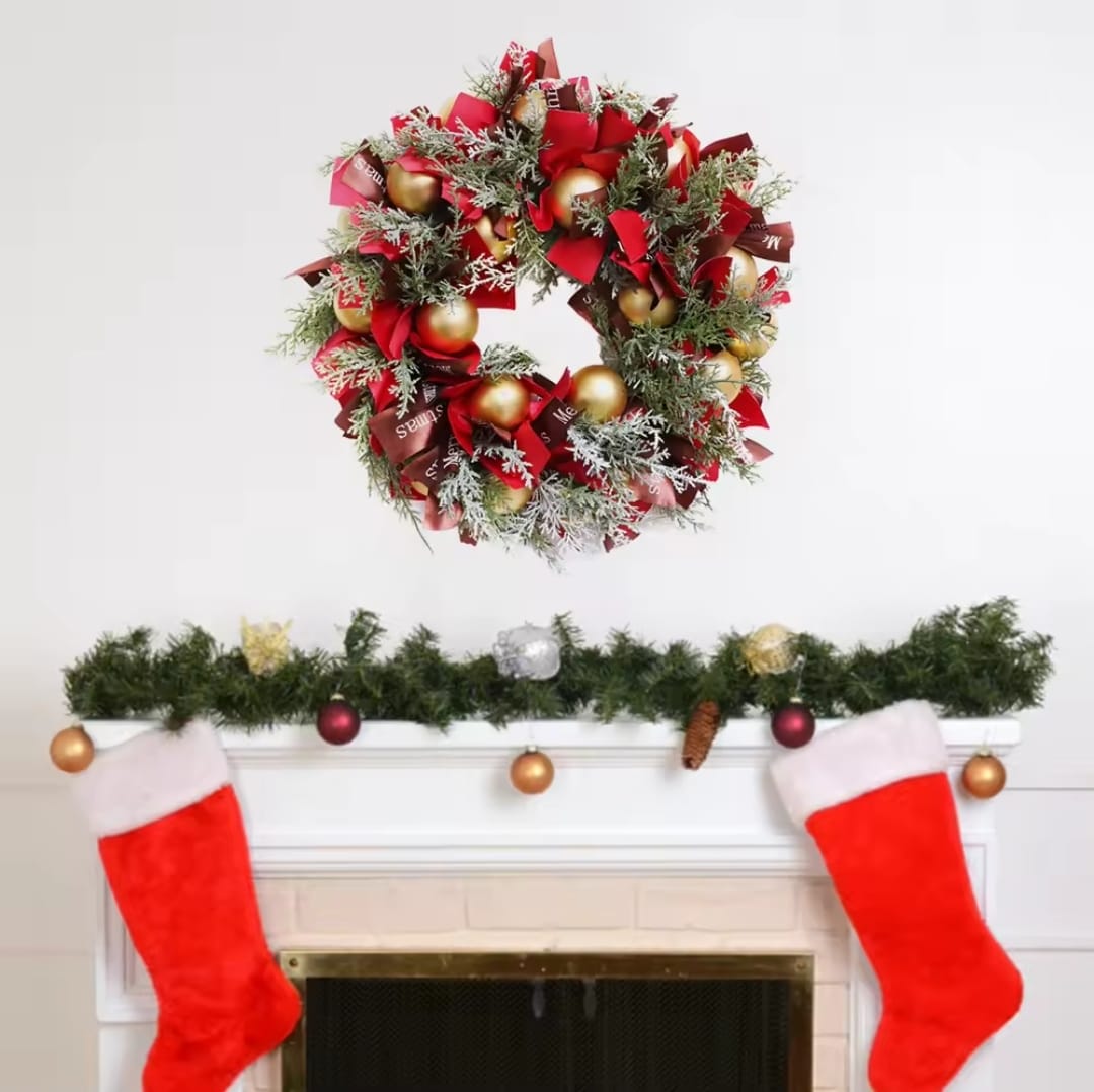 Front Door Christmas Wreath With Christmas Ornaments