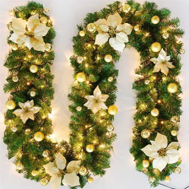 CHRISTMAS GARLAND WITH FLOWERS, BALLS &amp; LED LIGHTS