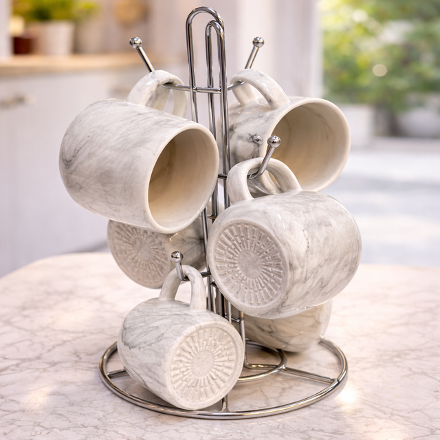 High-quality ceramic mugs paired with a chrome-plated metal stand, offering durability, stability, and long-lasting shine.