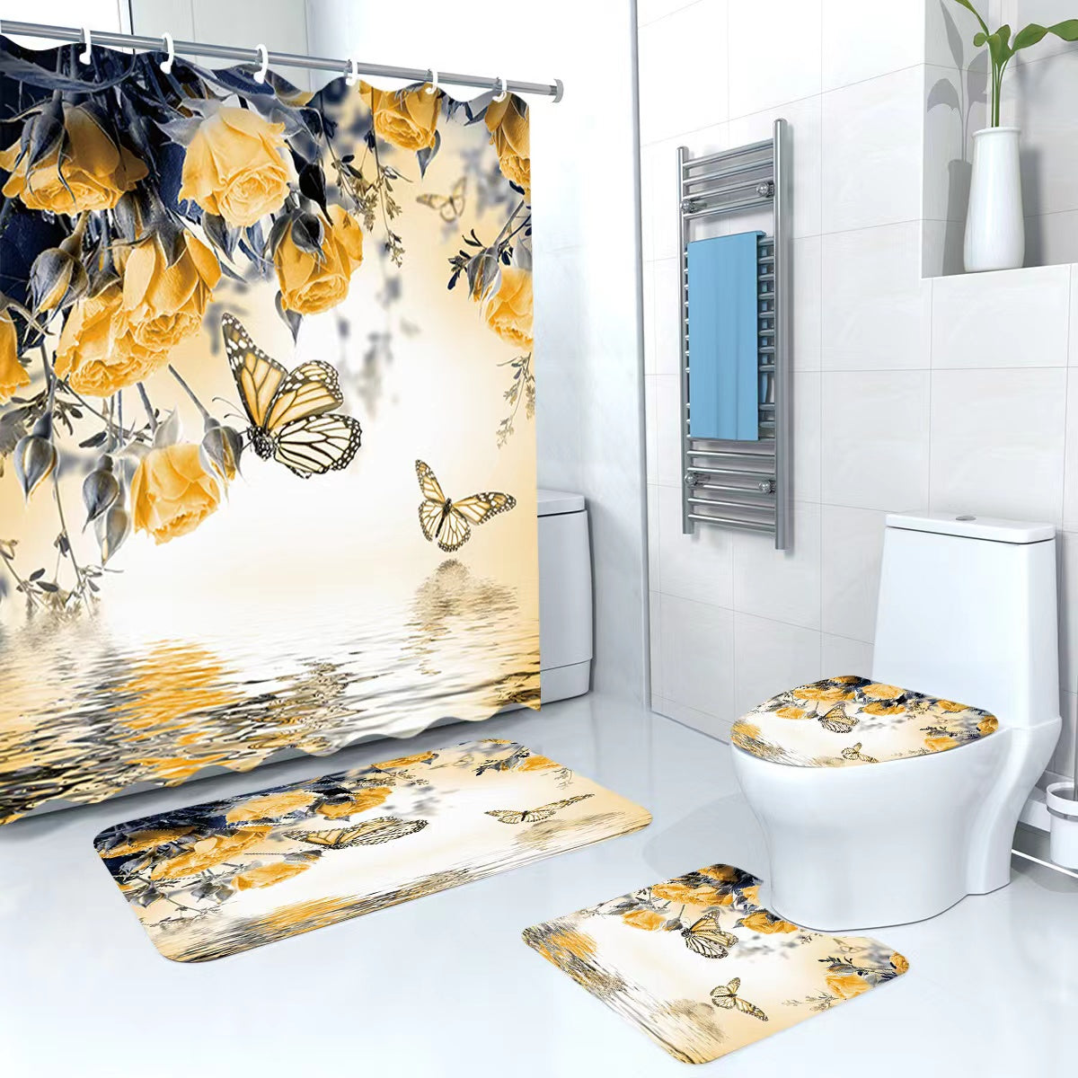 3D 4 in 1 Bathroom Woolen Mats with a Waterproof Shower Curtain