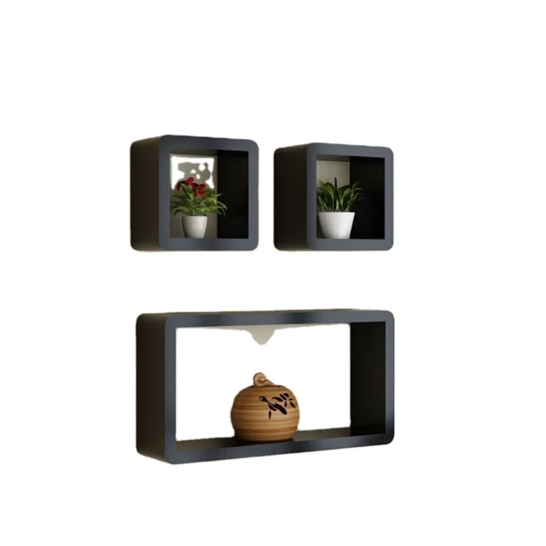 Plastic-Wood Floating Shelves – Set of 3  ( 42.5×21.5 cm & 17.5×17.5 cm sizes)