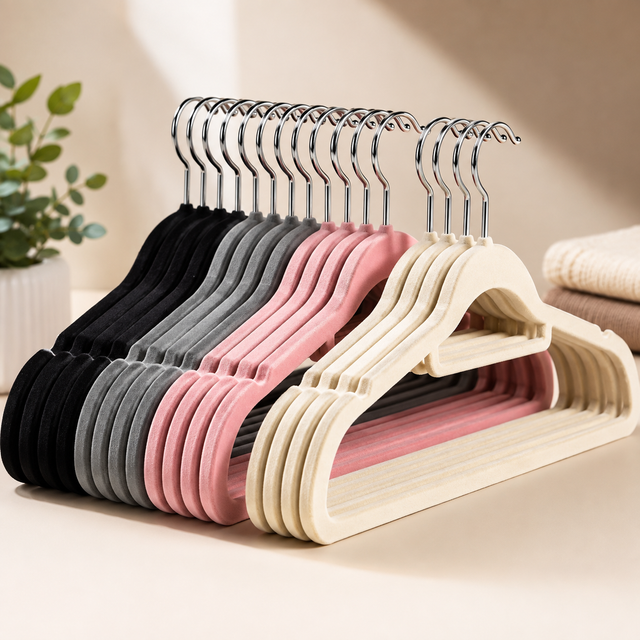 Set of premium velvet non-slip clothes hangers in black, grey, pink, and cream with metal hooks