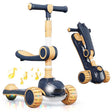2-in-1 kids' kick scooter in navy blue and yellow with removable seat, LED light-up wheels, and music feature, shown assembled and folded