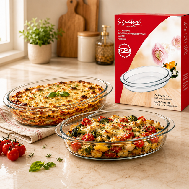 Two oval borosilicate glass bake pans for baking and serving meals, displayed on a modern kitchen countertop.