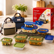 Signature 4-piece borosilicate glass food storage bowl set with airtight lids, insulated thermal bag, and plastic storage box.