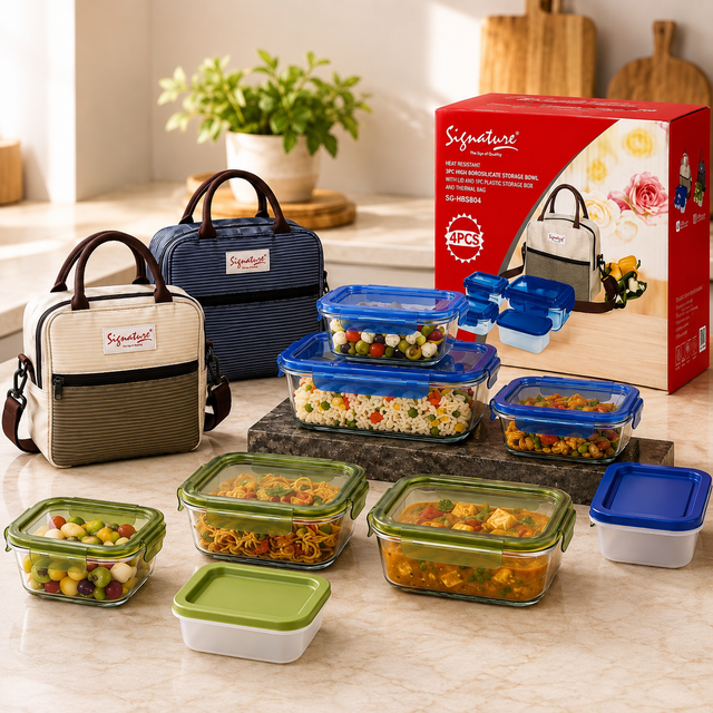Signature 4-piece borosilicate glass food storage bowl set with airtight lids, insulated thermal bag, and plastic storage box.