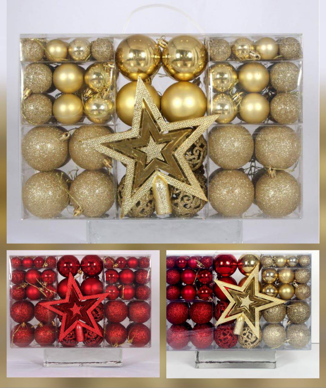 Christmas ornaments gold shiny matte and glitter balls with star topper in box — iDecorators Kenya