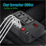 Portable Car Power Inverter Car Charging Adapter DC 12V to AC 220V 300W Converter 4USB Charger