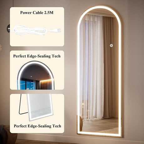 Arched LED Mirror Full Length60*170cm Full Body Floor Mirror with Light, Wall Mounted Standing for Bedroom, Dressing Room, 3 Color Lighting, White
