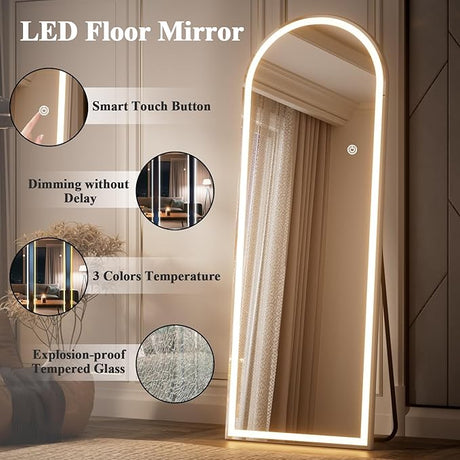 Arched LED Mirror Full Length60*170cm Full Body Floor Mirror with Light, Wall Mounted Standing for Bedroom, Dressing Room, 3 Color Lighting, White