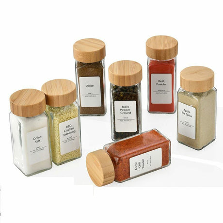 4oz Clear Glass Spice Jar with Bamboo Lid for Kitchen Storage. Airtight glass seasoning container ideal for spices, herbs, salt, pepper and dry ingredients.