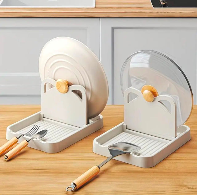 Kitchen pot lid and utensil holder with drip tray for organizing pan lids, spoons and cooking utensils on the countertop.