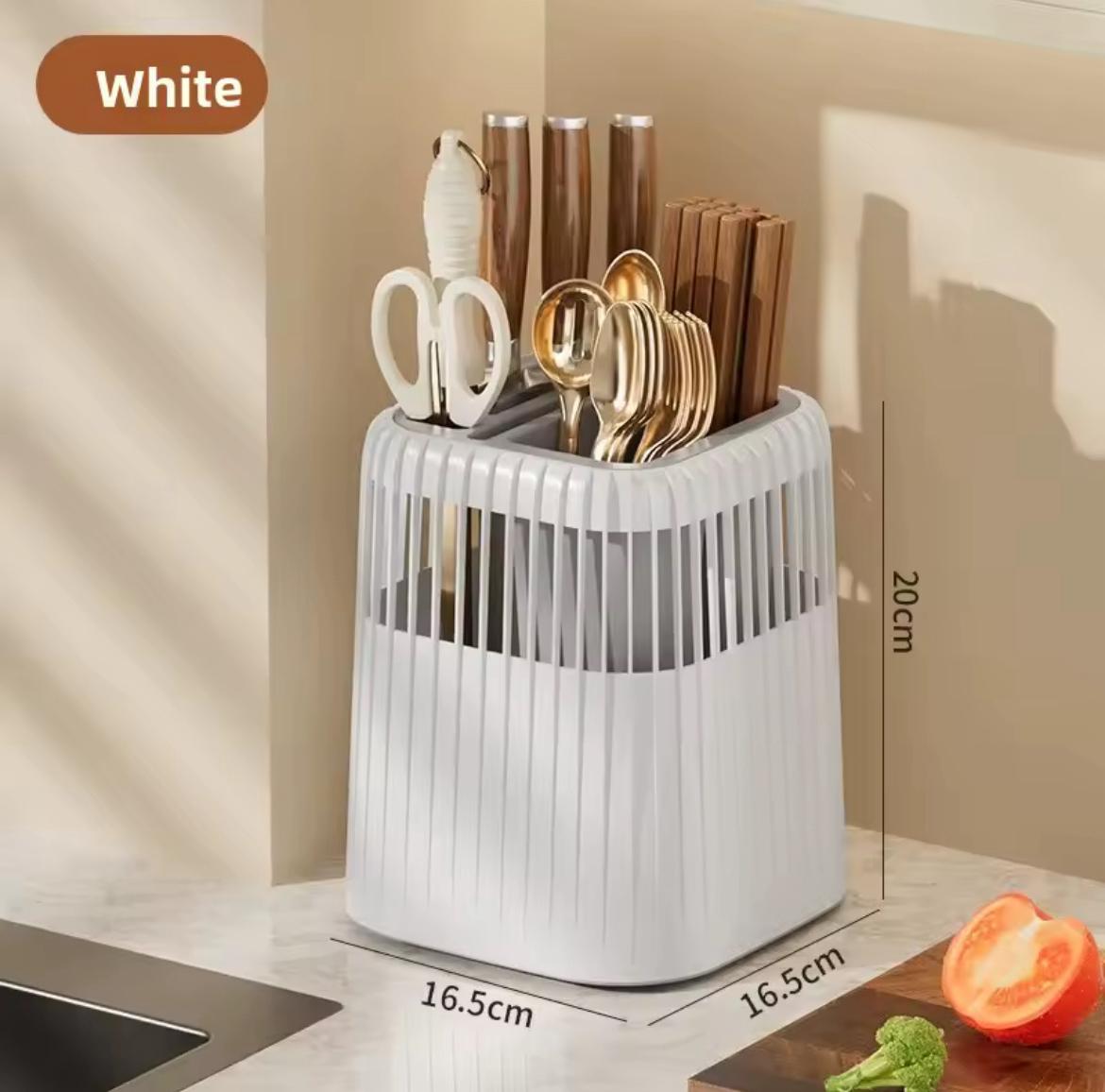 Kitchen utensil holder with drain tray for storing spoons, chopsticks, knives, scissors and cooking utensils.