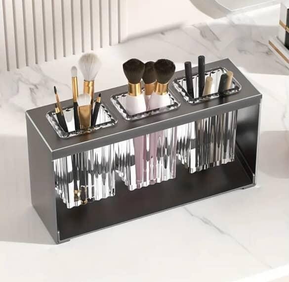 Modern stainless steel cutlery holder with drainage compartments for organizing spoons, forks, knives and kitchen utensils