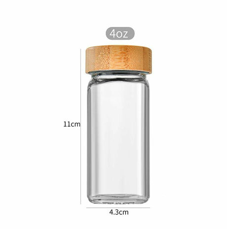 4oz Clear Glass Spice Jar with Bamboo Lid for Kitchen Storage. Airtight glass seasoning container ideal for spices, herbs, salt, pepper and dry ingredients.