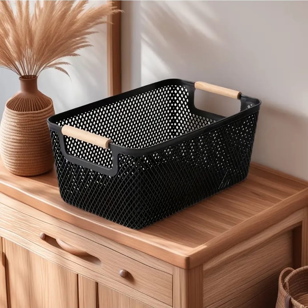 Large size Modern hard Plastic Storage Basket with Wooden Handles