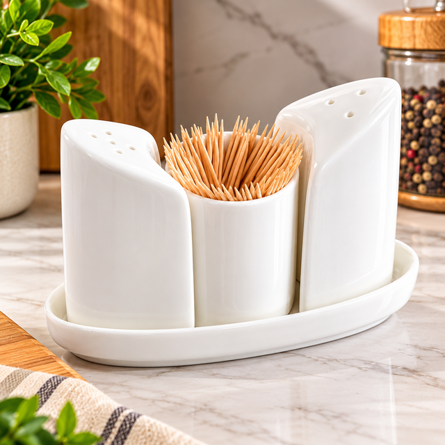Salt and pepper set white ceramic with toothpick holder on oval tray — iDecorators Kenya