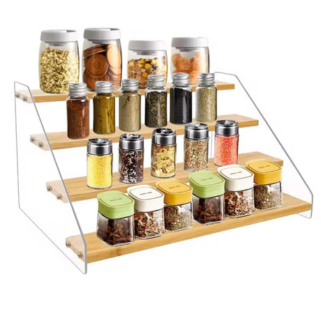 4-Tier Bamboo Spice Rack Organizer with Clear Acrylic Side Panels. Countertop spice shelf for storing spice jars, seasoning bottles, herbs and kitchen essentials.