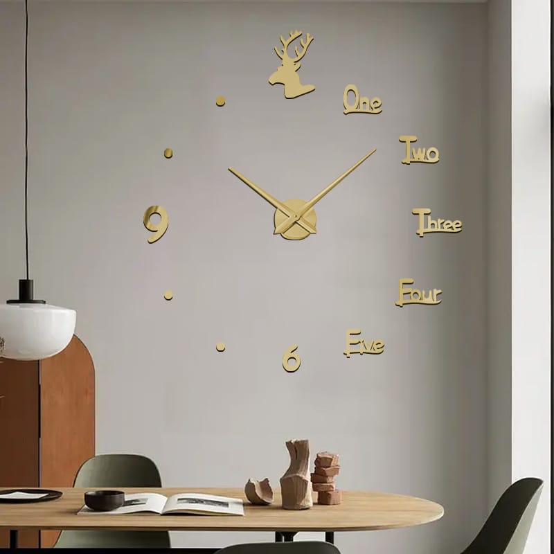 Roman Numeral Acrylic Mirror Wall Clock Sticker With Deco Deers 3D Large