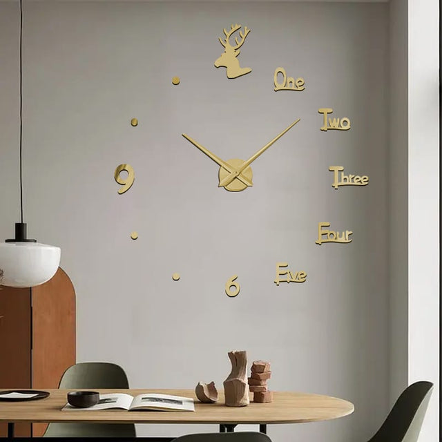 Roman Numeral Acrylic Mirror Wall Clock Sticker With Deco Deers 3D Large