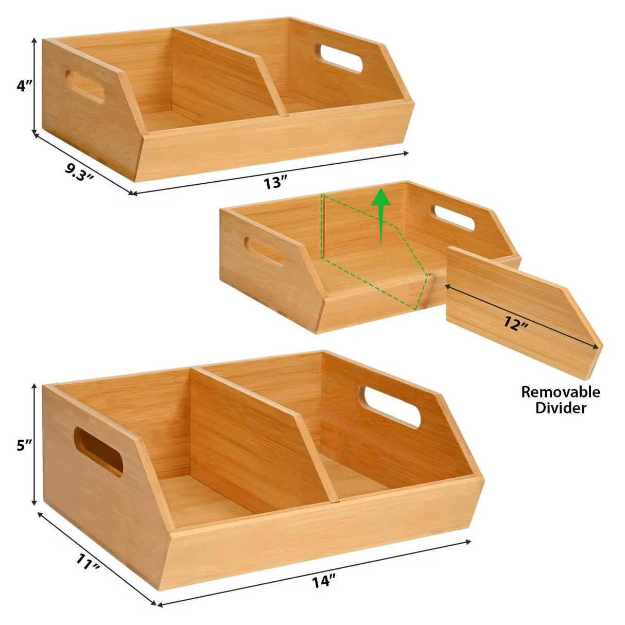 Bamboo pantry organizer/storage bin with removable divider
