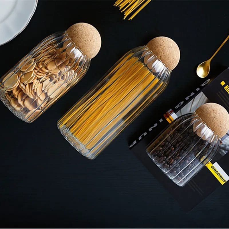 Bar-Shaped Open Ball Cork Transparent Jar with Bamboo Lid