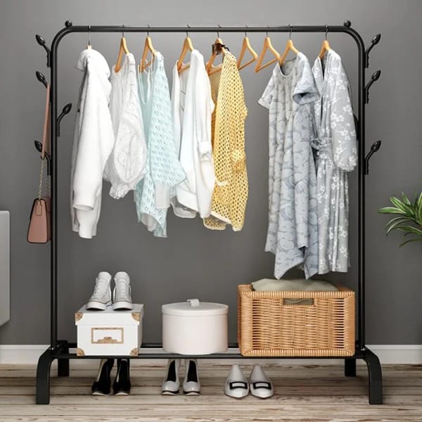 Clothing Rack With Lower Storage Shelf for Boxes /Shoes And Side Hooks