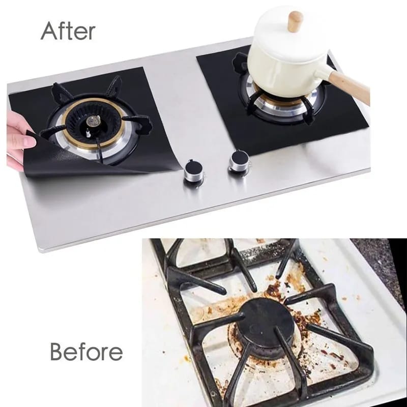 A set of black cooker cover mats displayed on a stovetop, with one mat shown in use before and after the stovetop was cleaned.