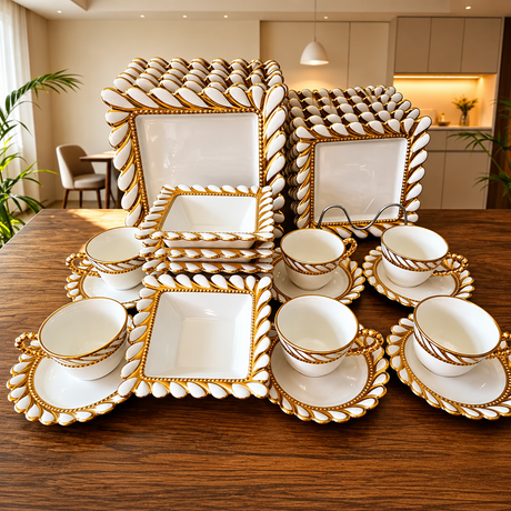 30-piece white and gold embossed square porcelain dinner set with decorative plates, bowls, teacups, and saucers displayed on a wooden table in a modern dining room.