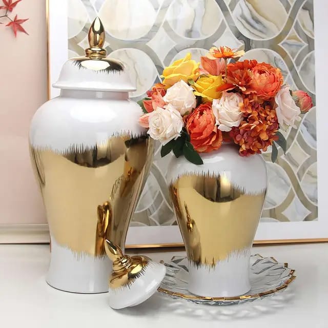 Porcelain   Pattern  Ginger Pot  Flower Vase Home Furnishing Decoration Gold Vintage Bottle