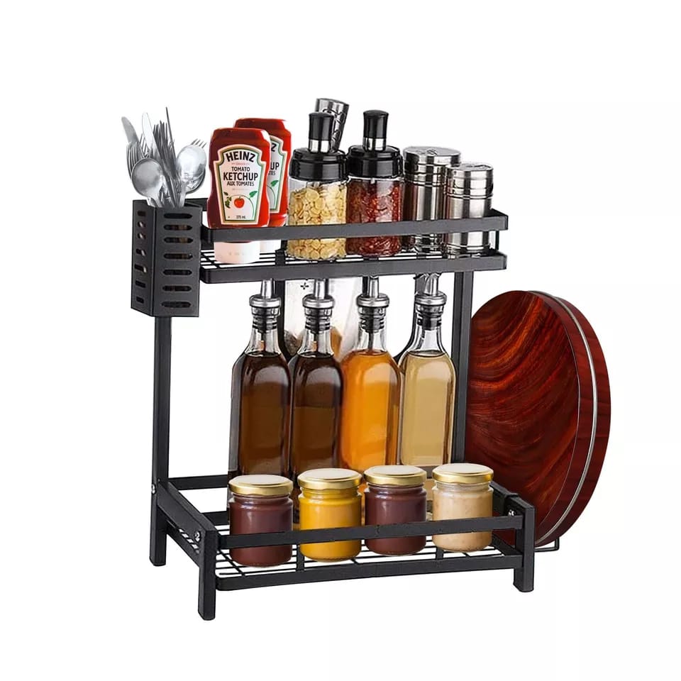 2 Tier multi functional spice storage rack with cutlery, knife chopping board holders