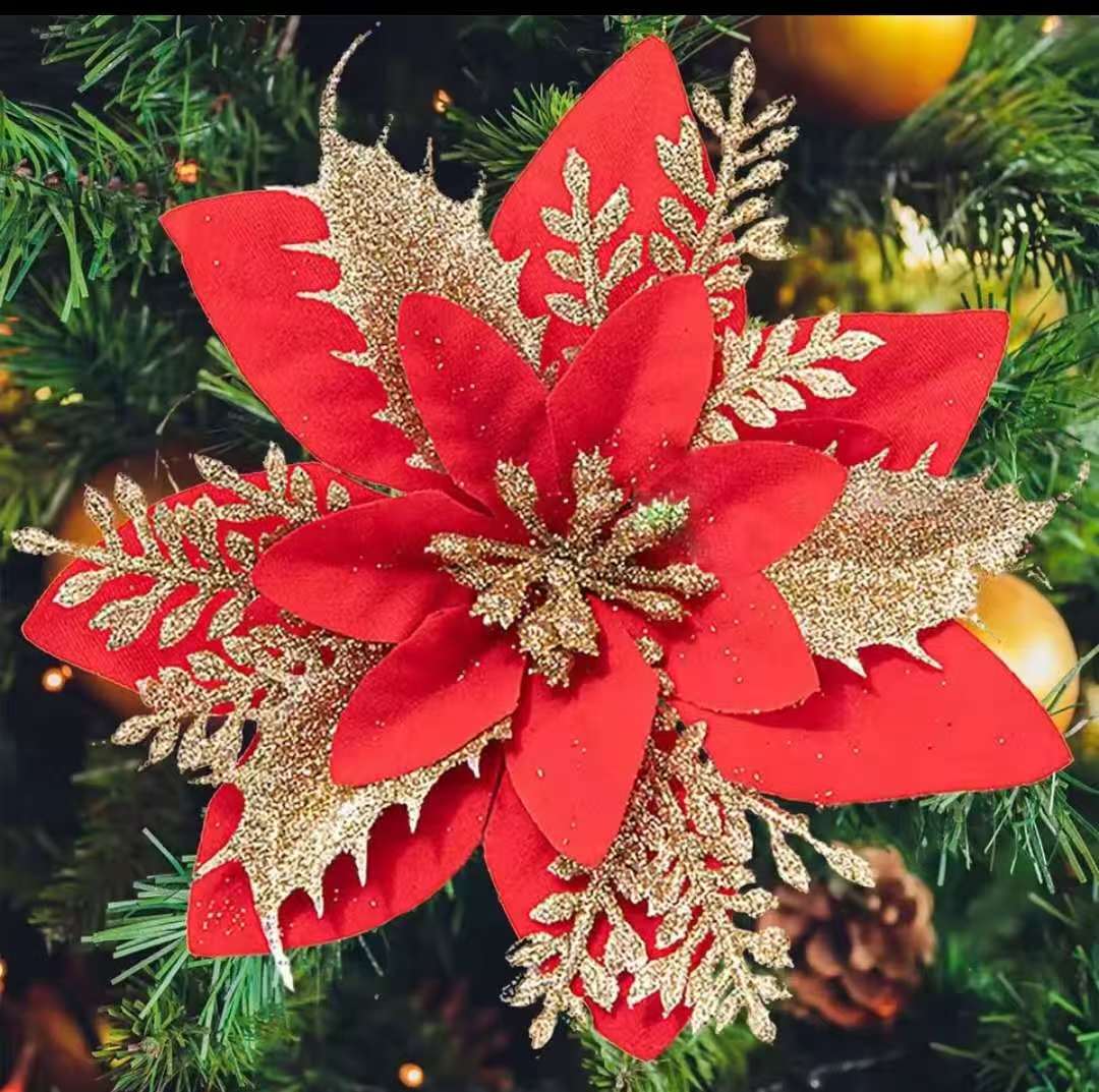 Christmas Tree Flower Décor — Gold / Red 20–25 cm diameter
