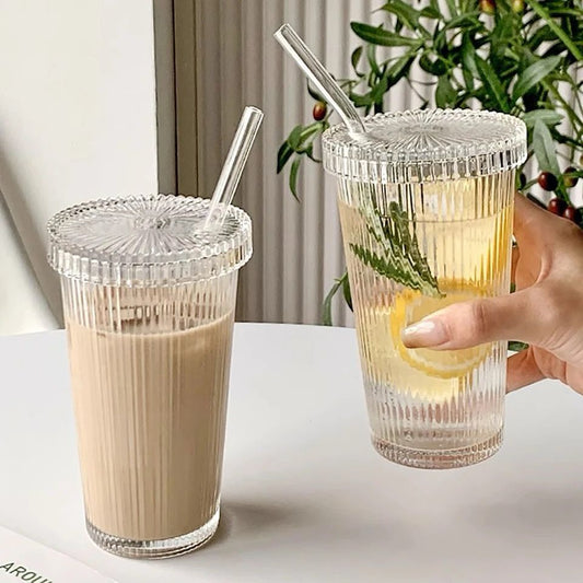 375Ml Simple Stripe Glass Cup With Lid and Straw