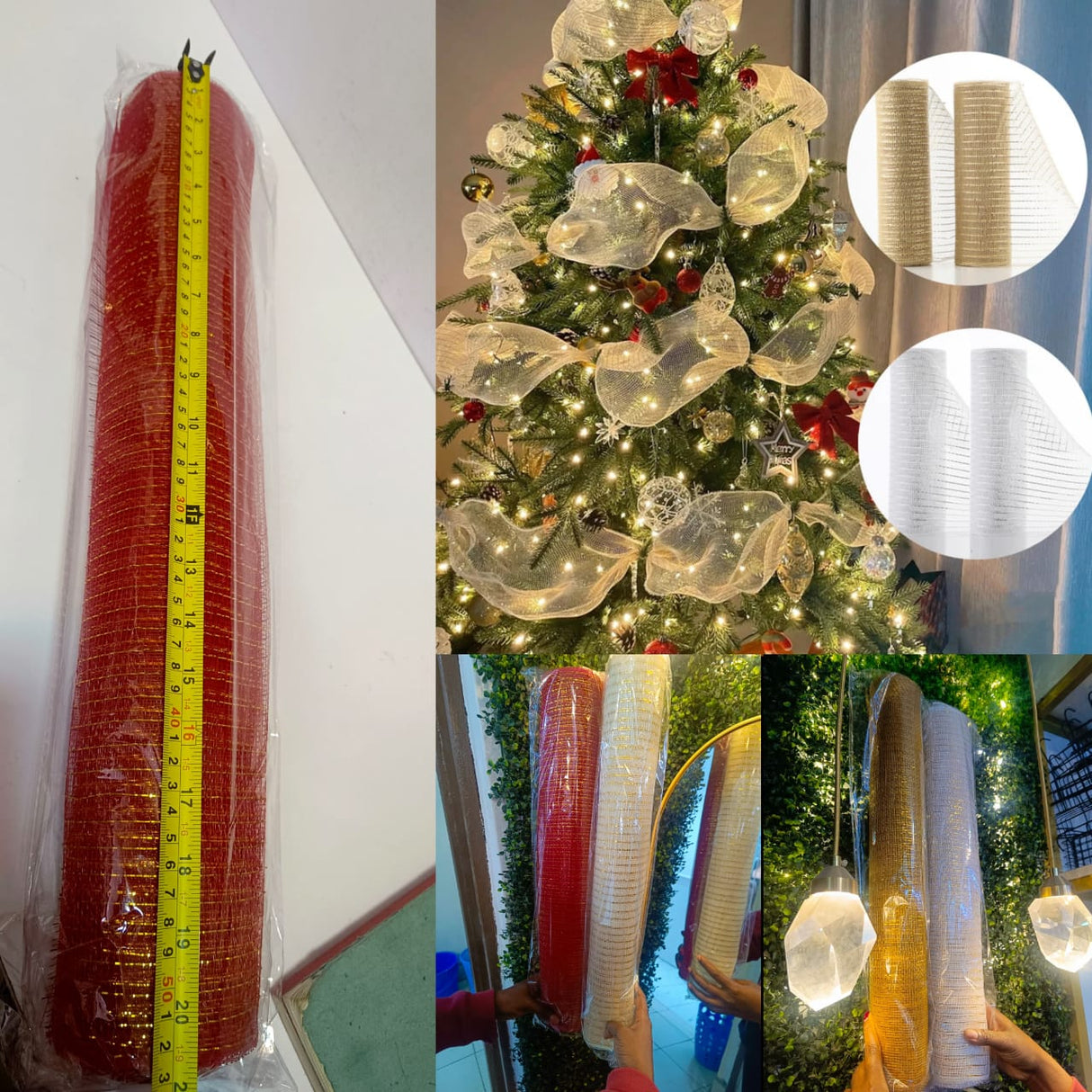 Decorative Glitter Mesh Ribbon Roll for Christmas Tree Decoration 53cm 10 Yards