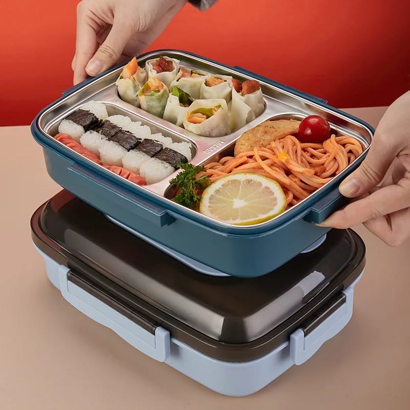 3 Grid Stainless Steel Lunch Box With Spoon and Chopsticks