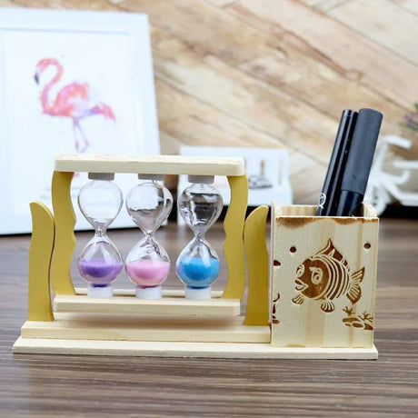 Handicraft Wooden Pen Stand with 3-Hourglass Timer — 19×5×10 cm