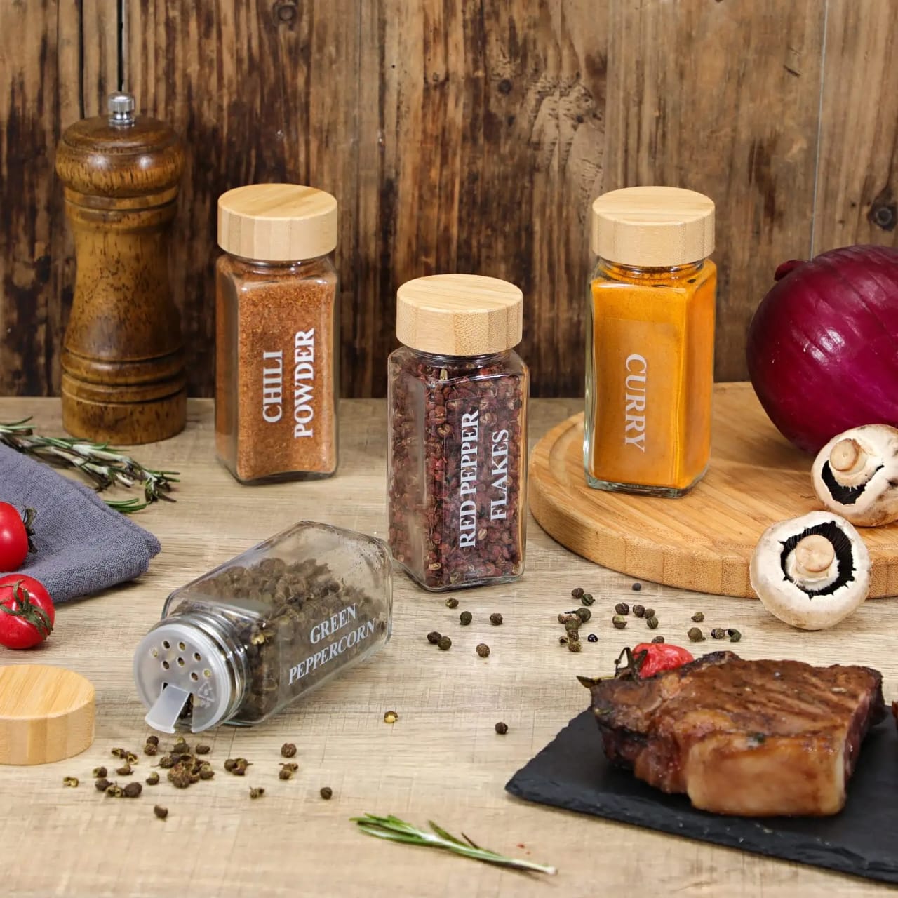 Set glass storage jars with bamboo lid