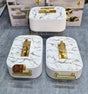 3-piece white marble-look insulated food warmer casserole set with gold handles in 3L, 4L and 5L sizes