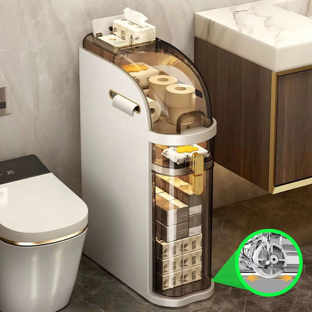 Bathroom storage cabinet white slim with wheels beside toilet — iDecorators Kenya