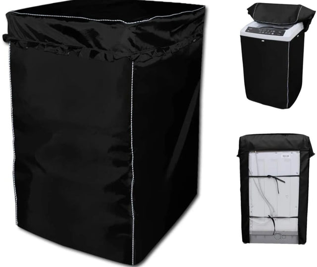 Black waterproof top load washing machine cover made from Oxford polyester fabric, size 58 × 61 × 96 cm.
