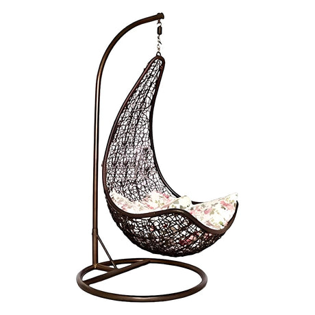 Hanging swing chair brown woven with floral cushion and metal stand product view — iDecorators Kenya