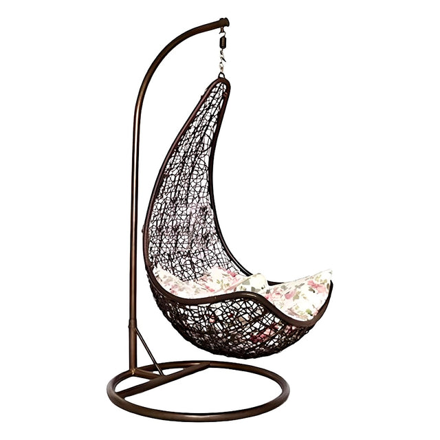 Hanging swing chair brown woven with floral cushion and metal stand product view — iDecorators Kenya