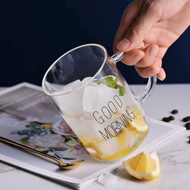 Borosilicate Good Morning Printed Glass Mug with Handle