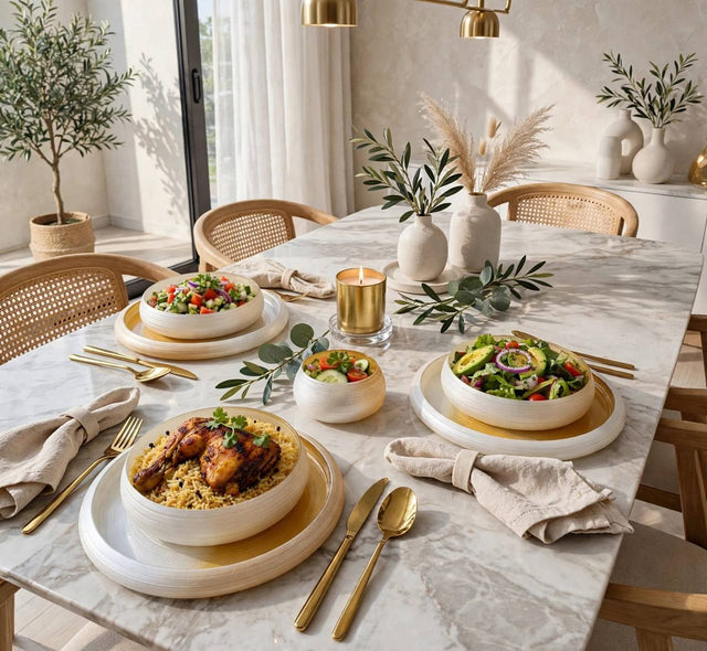 Dinner set golden pearl glass plates and soup bowl in restaurant setting — iDecorators Kenya