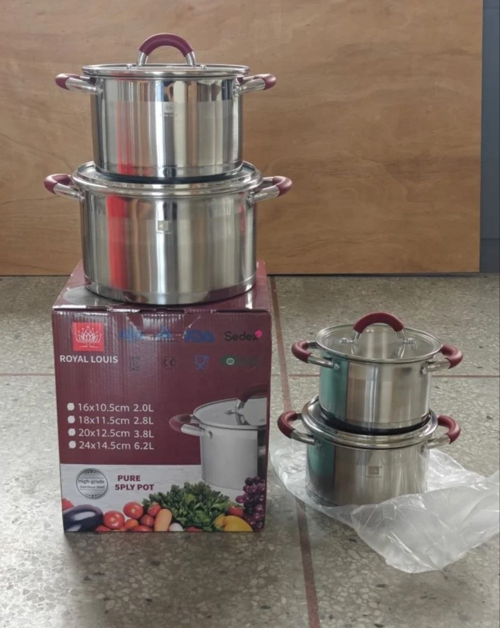 Cookware set stainless steel 5 ply pots red silicone handles with box — iDecorators Kenya