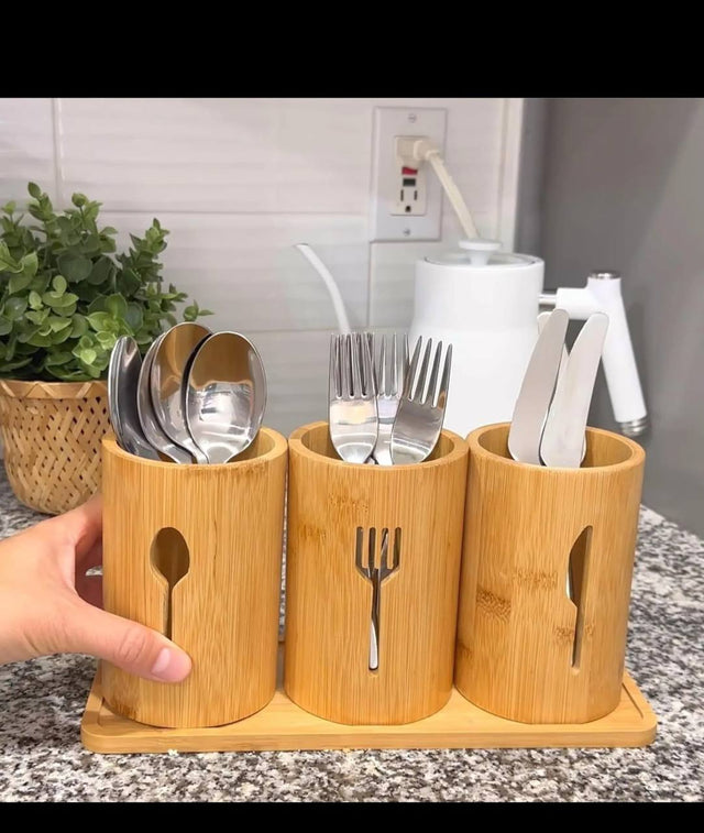 Cutlery holder set natural bamboo on kitchen counter — iDecorators Kenya