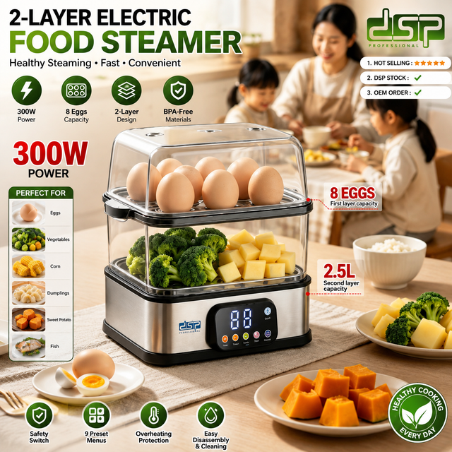 DSP 2-layer electric food steamer with LED display, 2.5L capacity, and 8-egg steaming tray for healthy cooking.