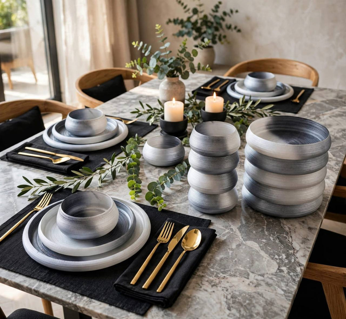 Dinner set frosted swirl glass stacked plates and bowls on marble table — iDecorators Kenya