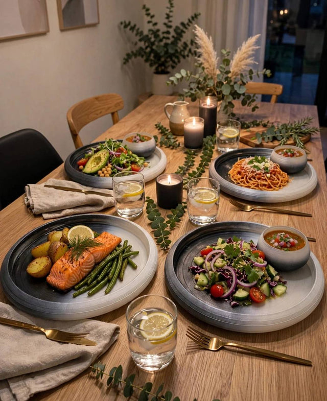 Dinner set frosted swirl glass stacked plates and bowls on marble table — iDecorators Kenya