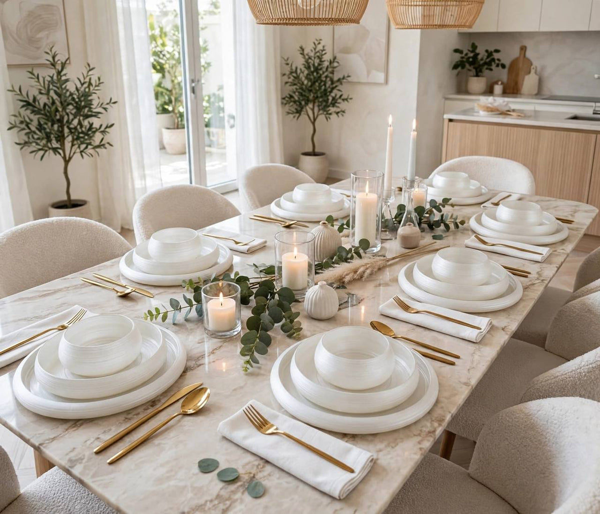 Dinner set snow pearl white glass table setting for six on marble table — iDecorators Kenya